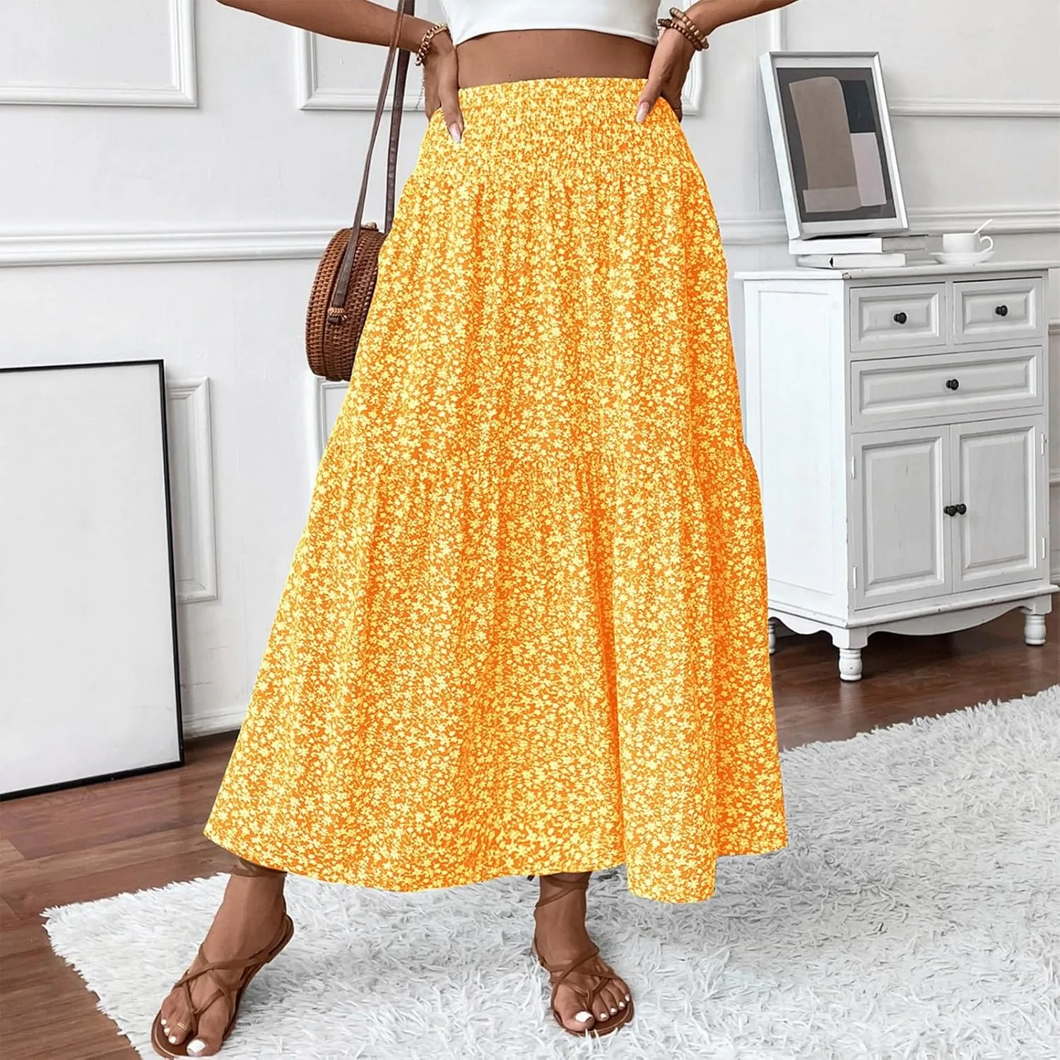 midelxp Boho Maxi Skirt for Women Summer Floral Smocked High Waisted Skirts with Pockets Vacation A-Line Long Flowy Skirts