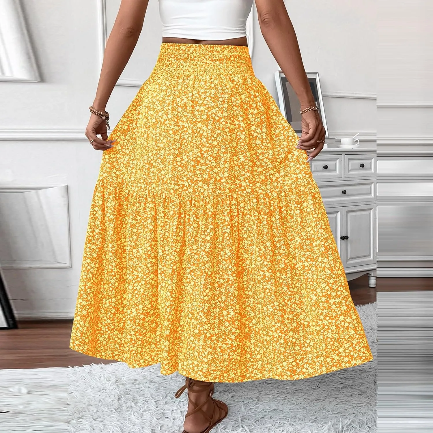 midelxp Boho Maxi Skirt for Women Summer Floral Smocked High Waisted Skirts with Pockets Vacation A-Line Long Flowy Skirts
