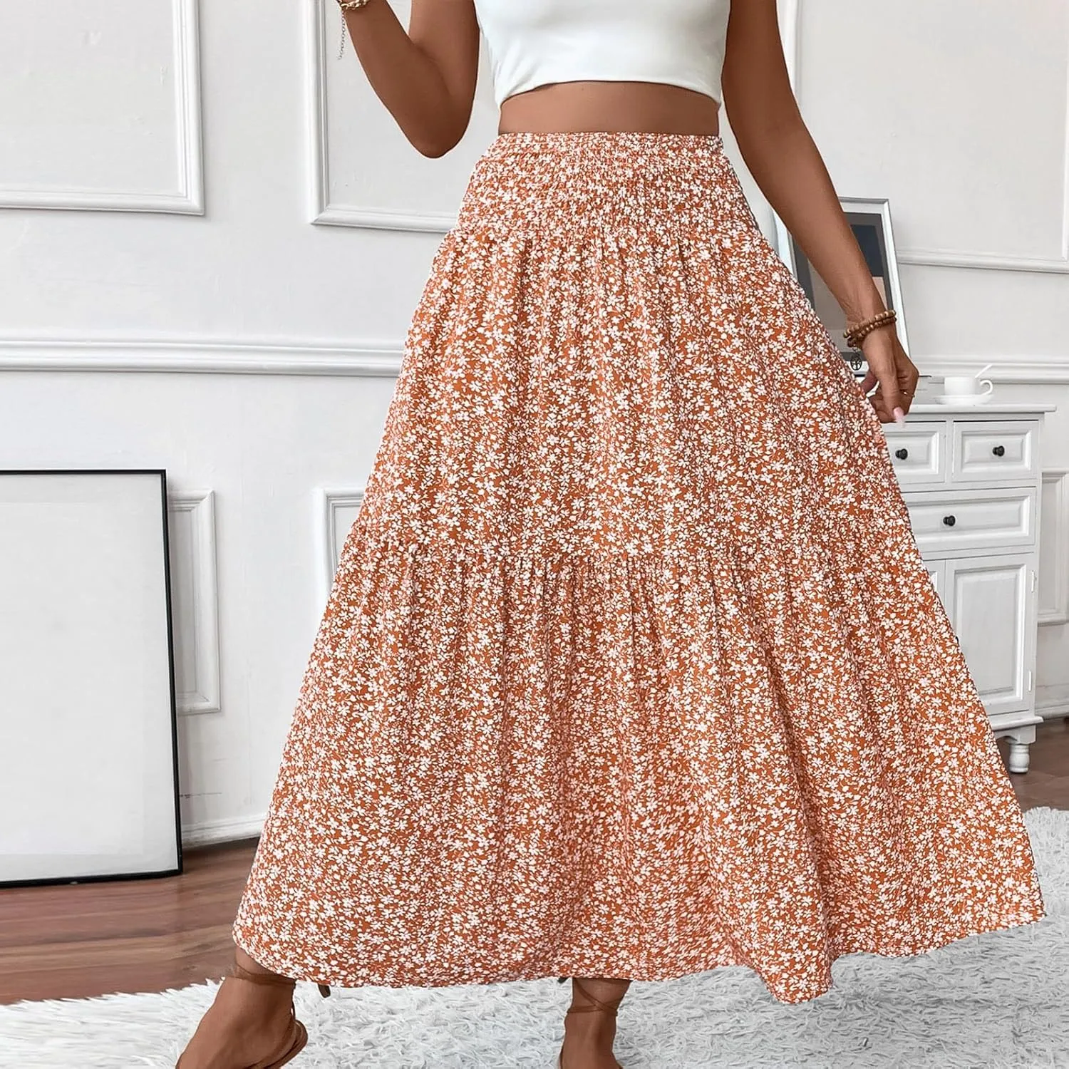 midelxp Boho Maxi Skirt for Women Summer Floral Smocked High Waisted Skirts with Pockets Vacation A-Line Long Flowy Skirts
