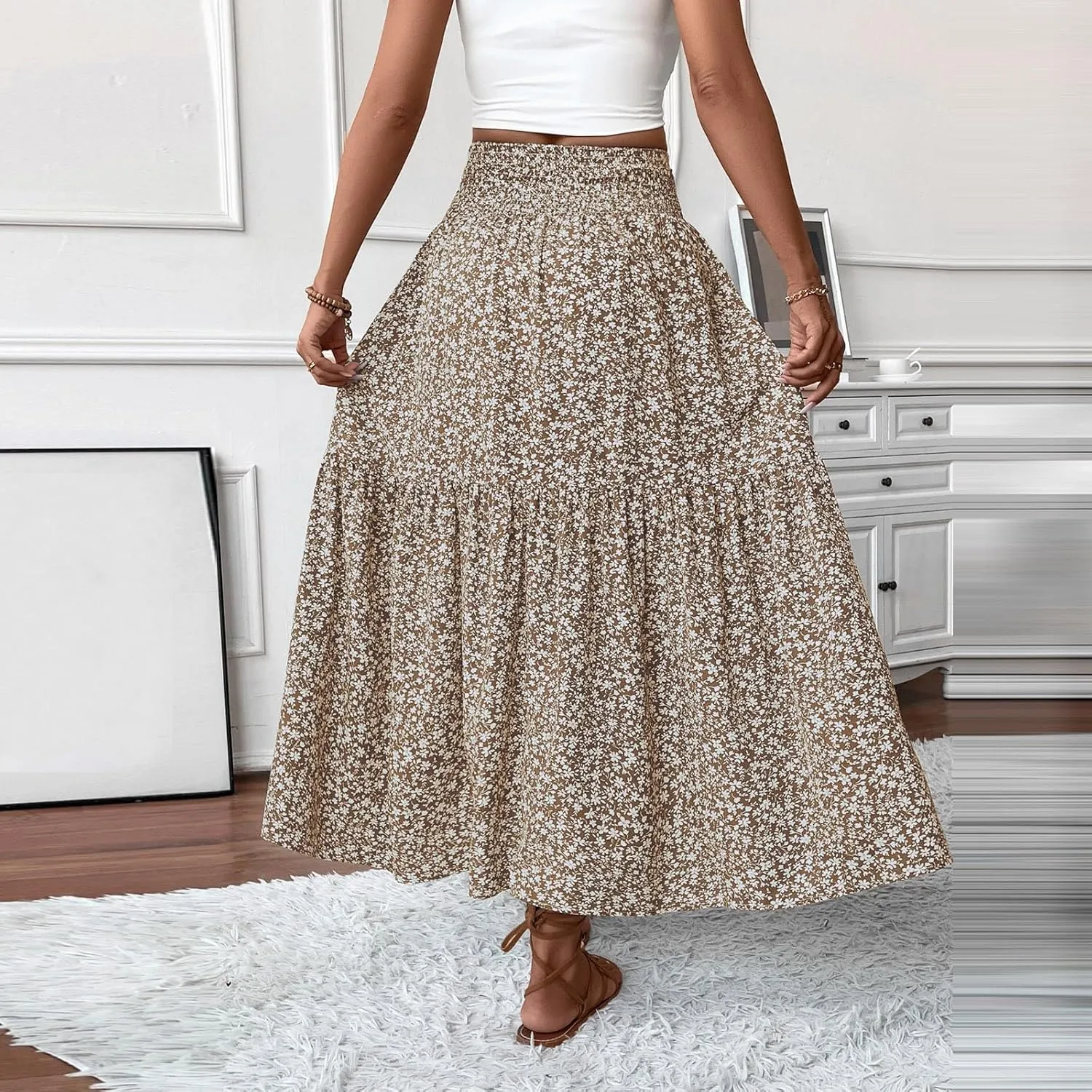 midelxp Boho Maxi Skirt for Women Summer Floral Smocked High Waisted Skirts with Pockets Vacation A-Line Long Flowy Skirts