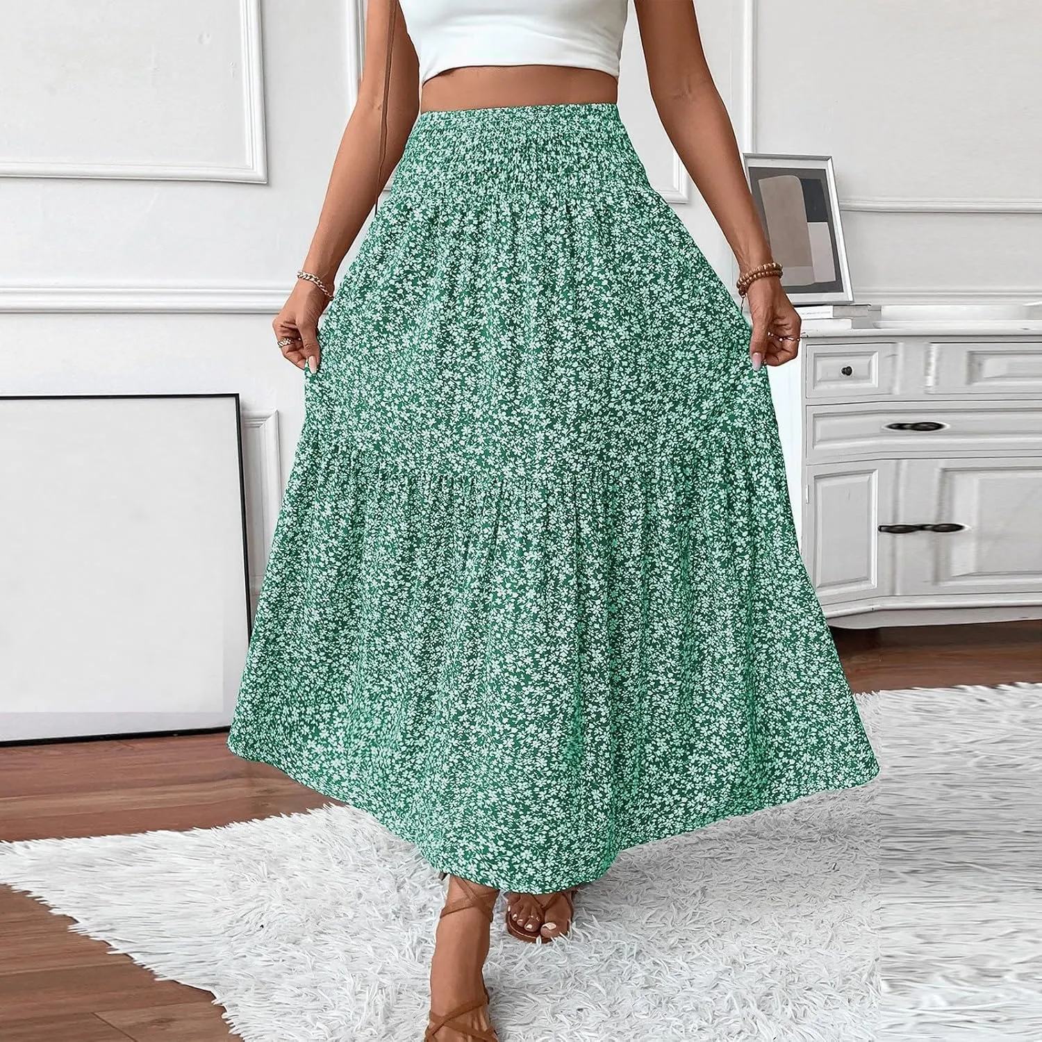 midelxp Boho Maxi Skirt for Women Summer Floral Smocked High Waisted Skirts with Pockets Vacation A-Line Long Flowy Skirts