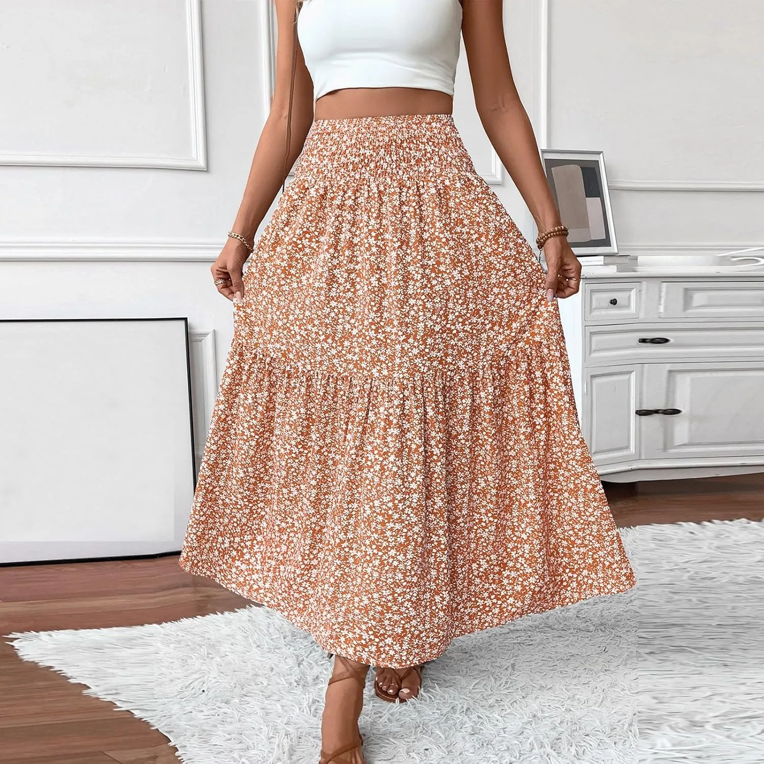 midelxp Boho Maxi Skirt for Women Summer Floral Smocked High Waisted Skirts with Pockets Vacation A-Line Long Flowy Skirts