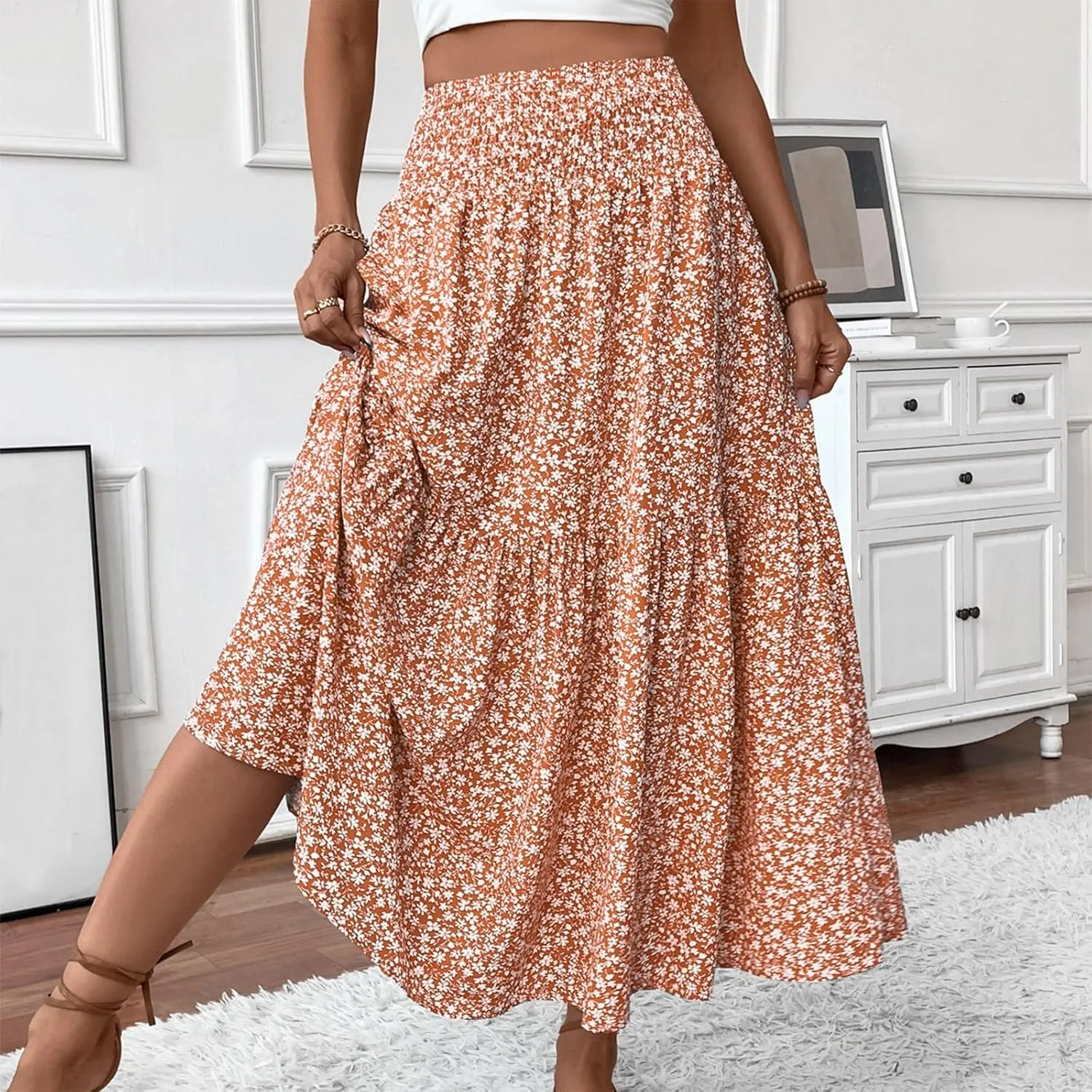 midelxp Boho Maxi Skirt for Women Summer Floral Smocked High Waisted Skirts with Pockets Vacation A-Line Long Flowy Skirts
