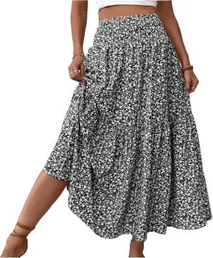 midelxp Boho Maxi Skirt for Women Summer Floral Smocked High Waisted Skirts with Pockets Vacation A-Line Long Flowy Skirts