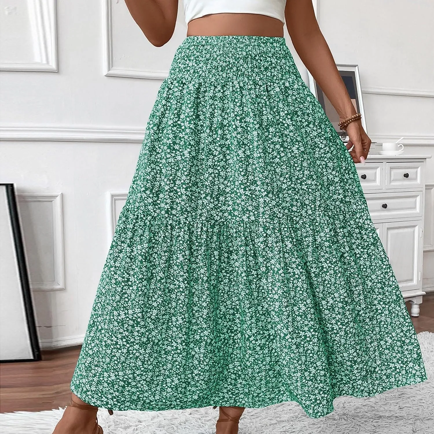 midelxp Boho Maxi Skirt for Women Summer Floral Smocked High Waisted Skirts with Pockets Vacation A-Line Long Flowy Skirts
