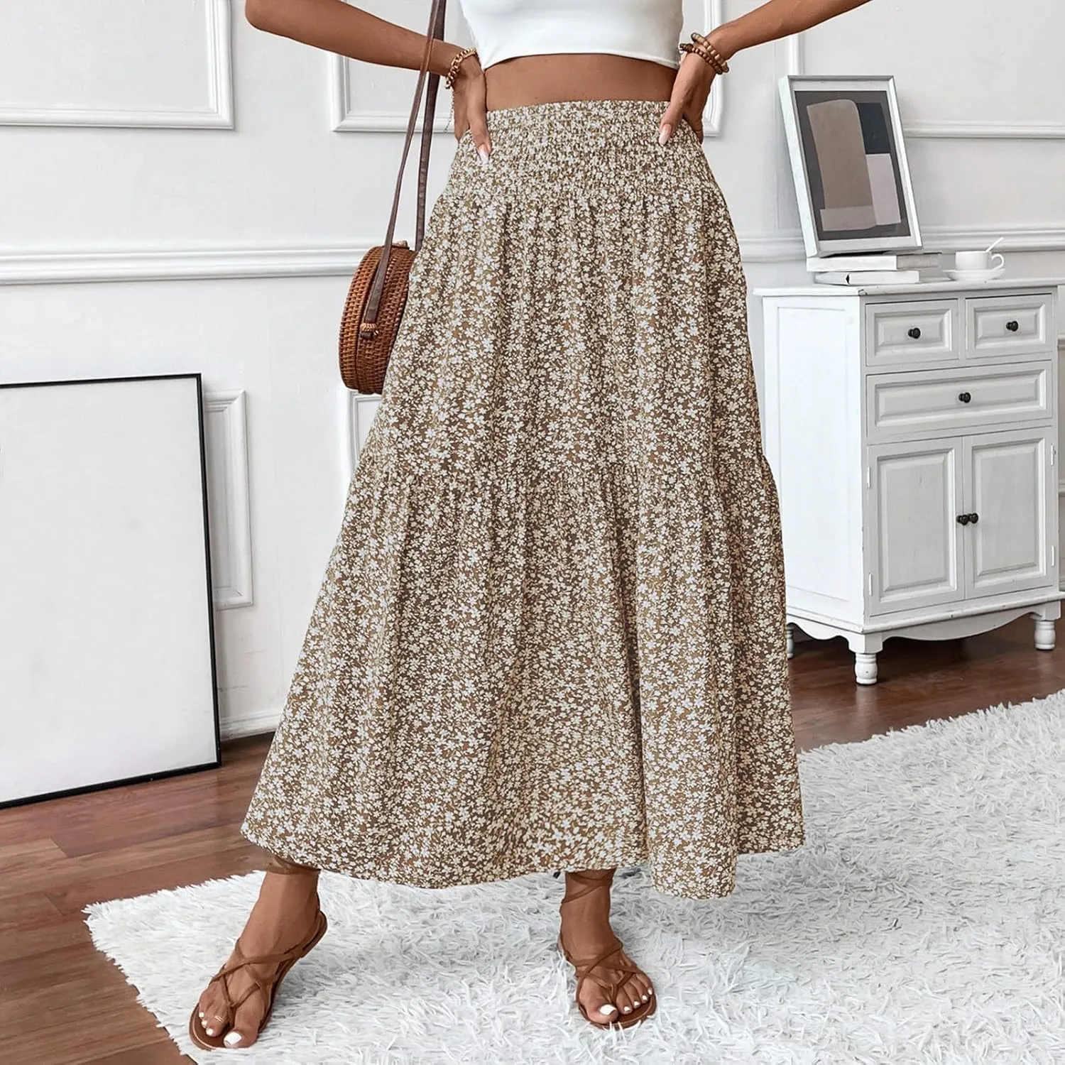 midelxp Boho Maxi Skirt for Women Summer Floral Smocked High Waisted Skirts with Pockets Vacation A-Line Long Flowy Skirts