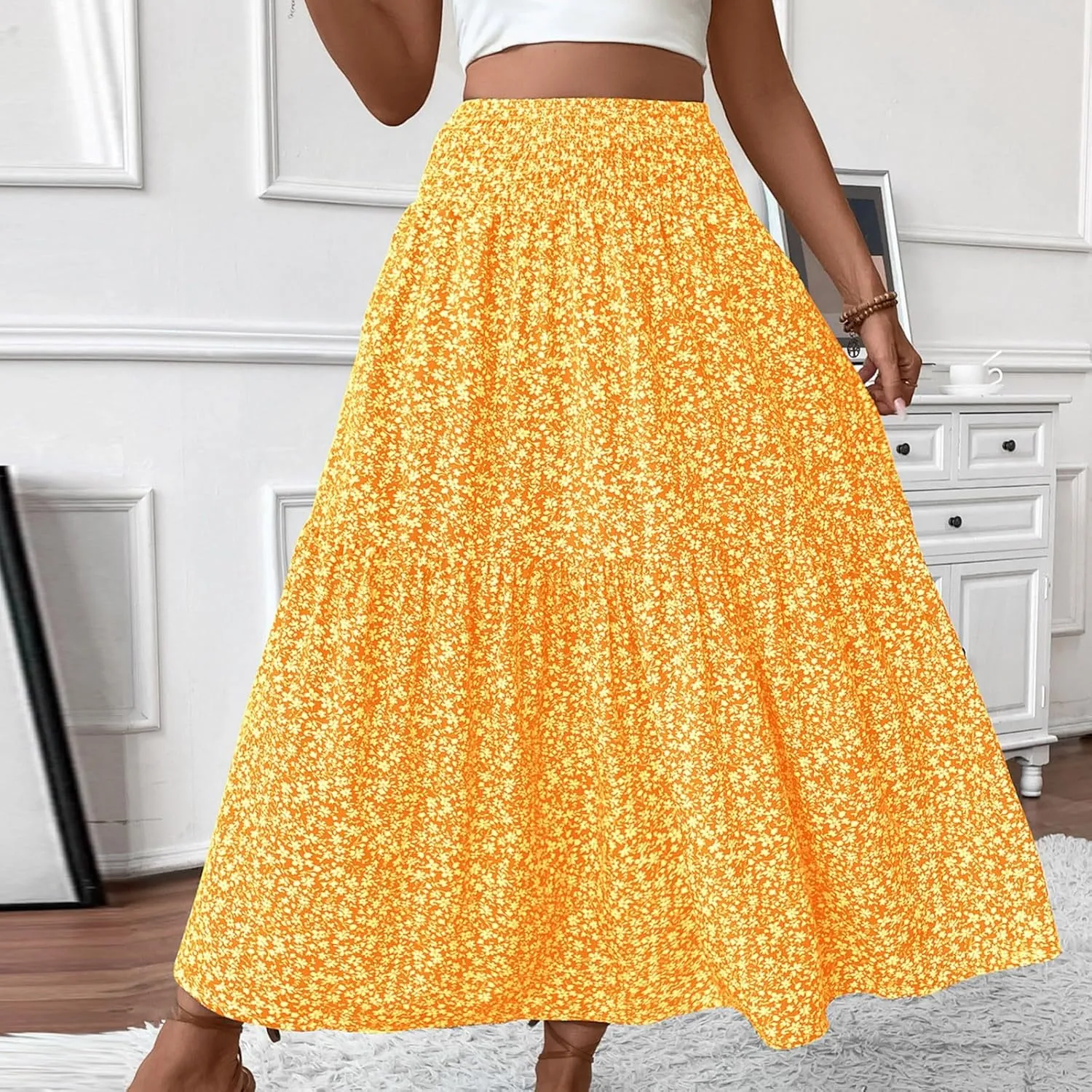 midelxp Boho Maxi Skirt for Women Summer Floral Smocked High Waisted Skirts with Pockets Vacation A-Line Long Flowy Skirts