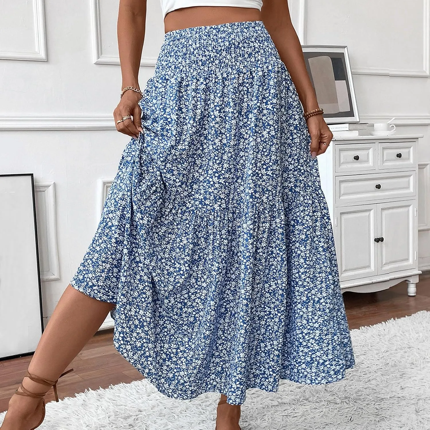 midelxp Boho Maxi Skirt for Women Summer Floral Smocked High Waisted Skirts with Pockets Vacation A-Line Long Flowy Skirts
