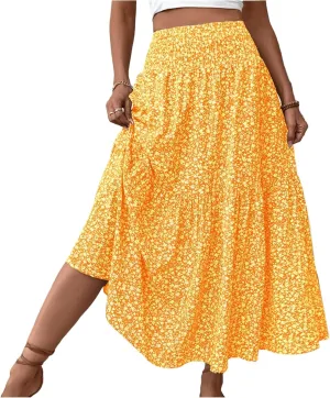 midelxp Boho Maxi Skirt for Women Summer Floral Smocked High Waisted Skirts with Pockets Vacation A-Line Long Flowy Skirts