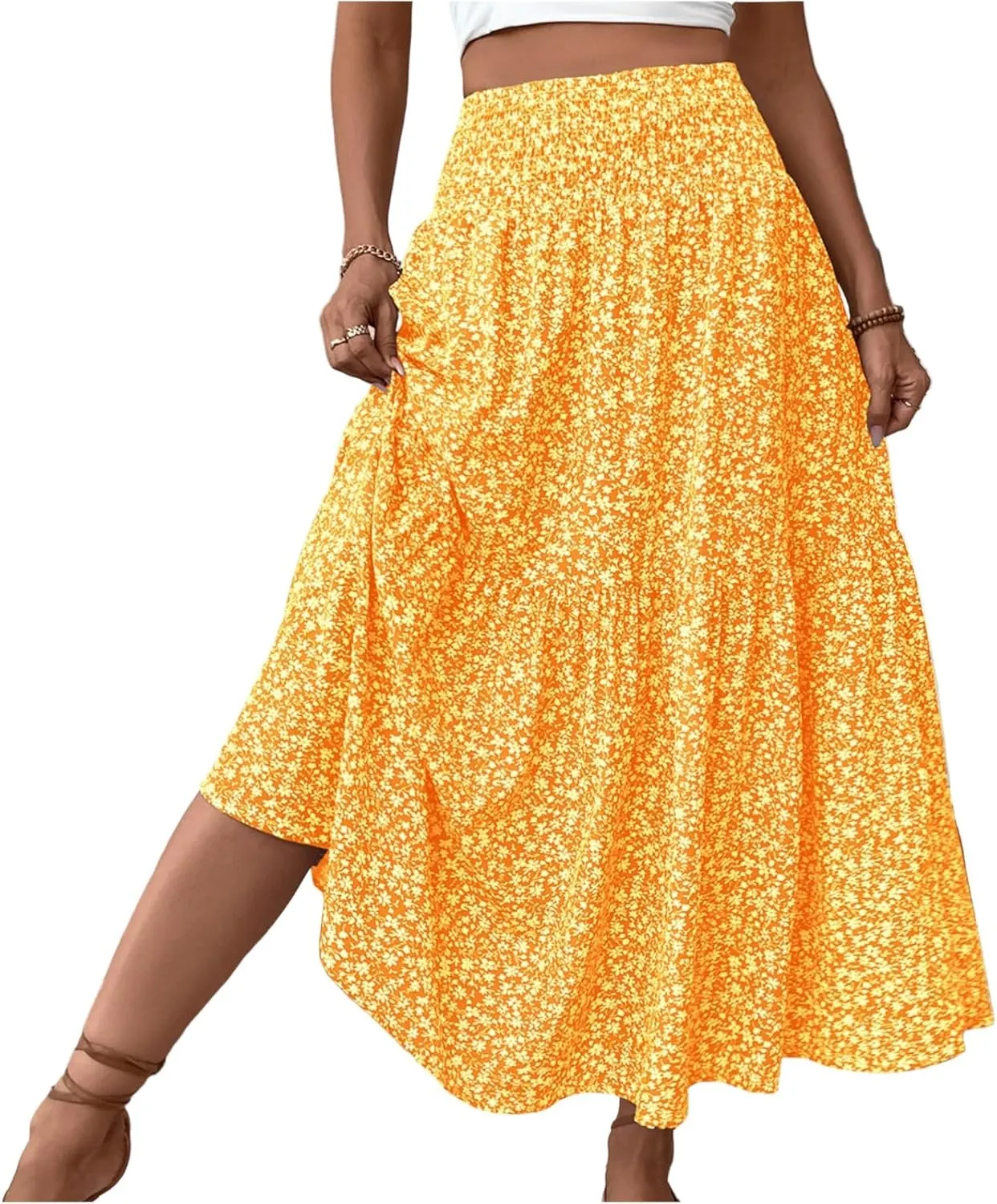 midelxp Boho Maxi Skirt for Women Summer Floral Smocked High Waisted Skirts with Pockets Vacation A-Line Long Flowy Skirts