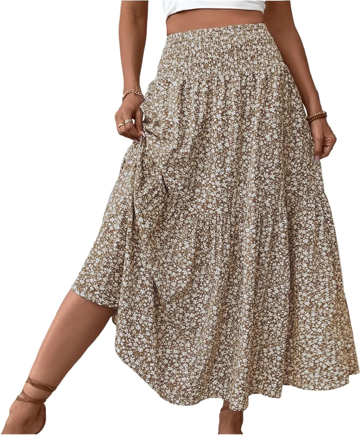 midelxp Boho Maxi Skirt for Women Summer Floral Smocked High Waisted Skirts with Pockets Vacation A-Line Long Flowy Skirts