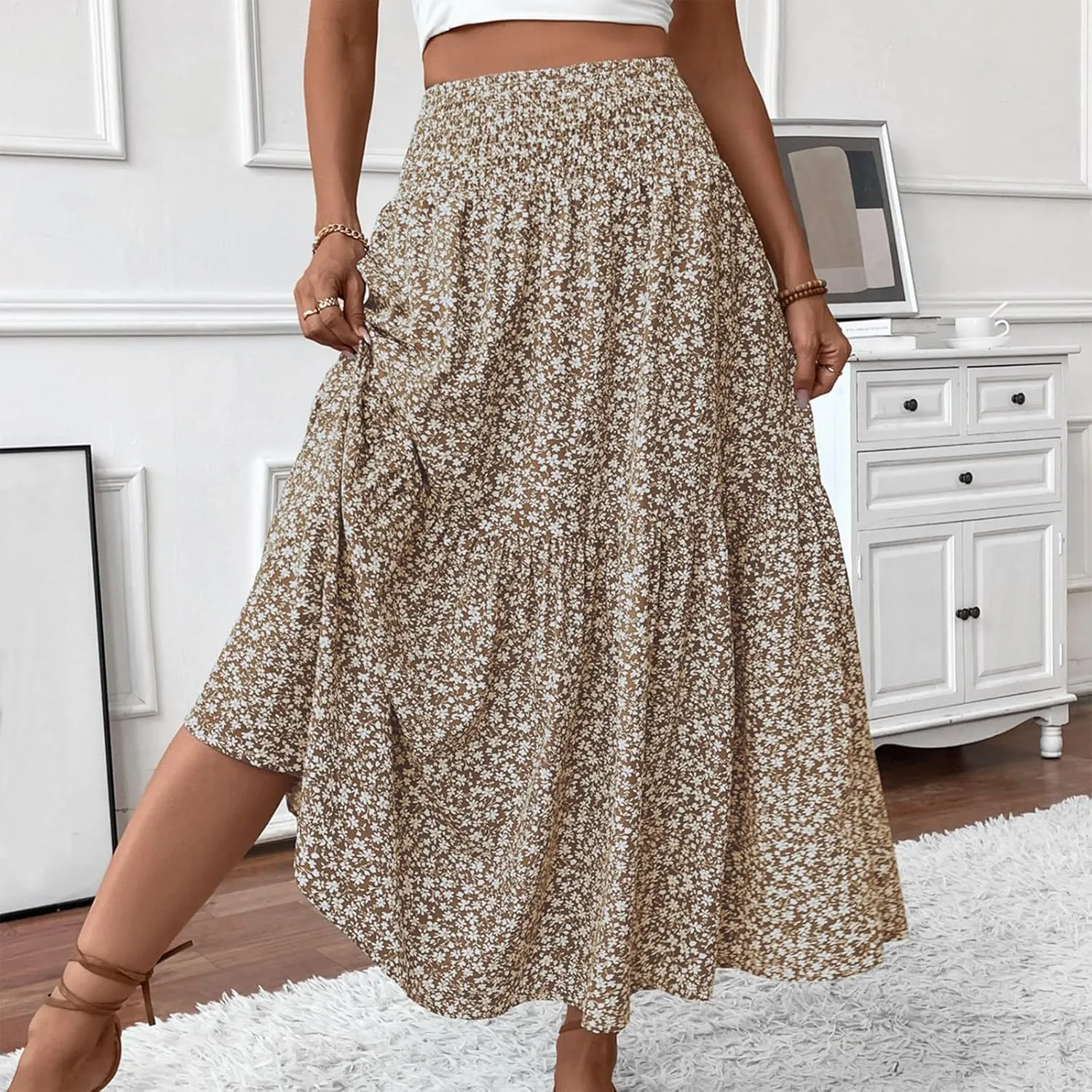 midelxp Boho Maxi Skirt for Women Summer Floral Smocked High Waisted Skirts with Pockets Vacation A-Line Long Flowy Skirts