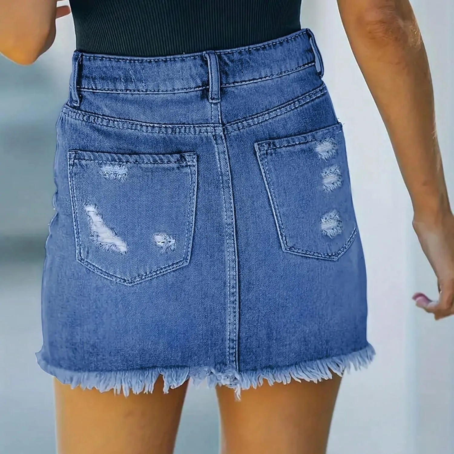 midelxp Mini Jean Skirts for Women Denim High Waisted Short Skirts with Pockets Casual Frayed Raw Hem Stretch Denim Skorts