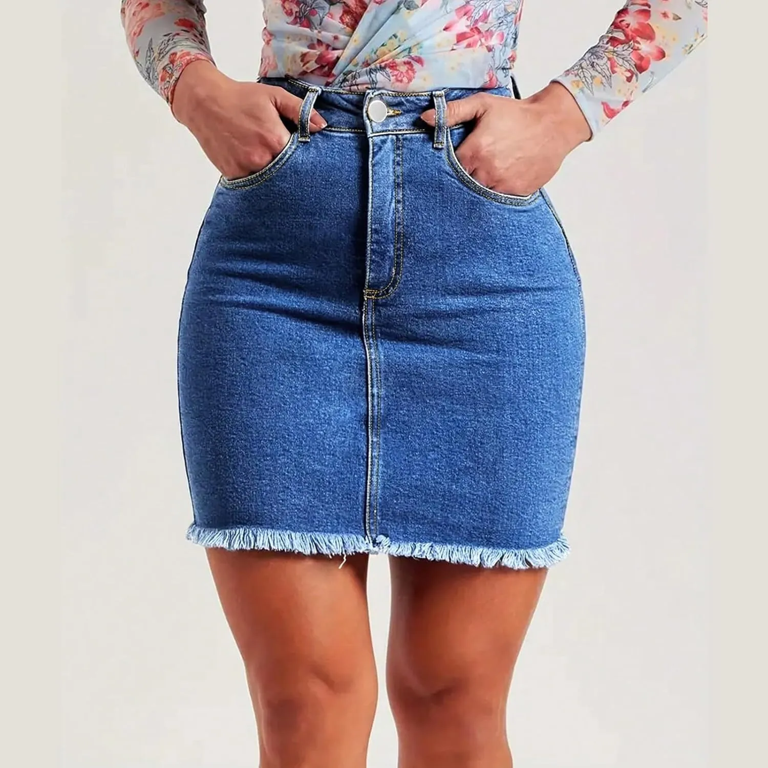 midelxp Mini Jean Skirts for Women Denim High Waisted Short Skirts with Pockets Casual Frayed Raw Hem Stretch Denim Skorts