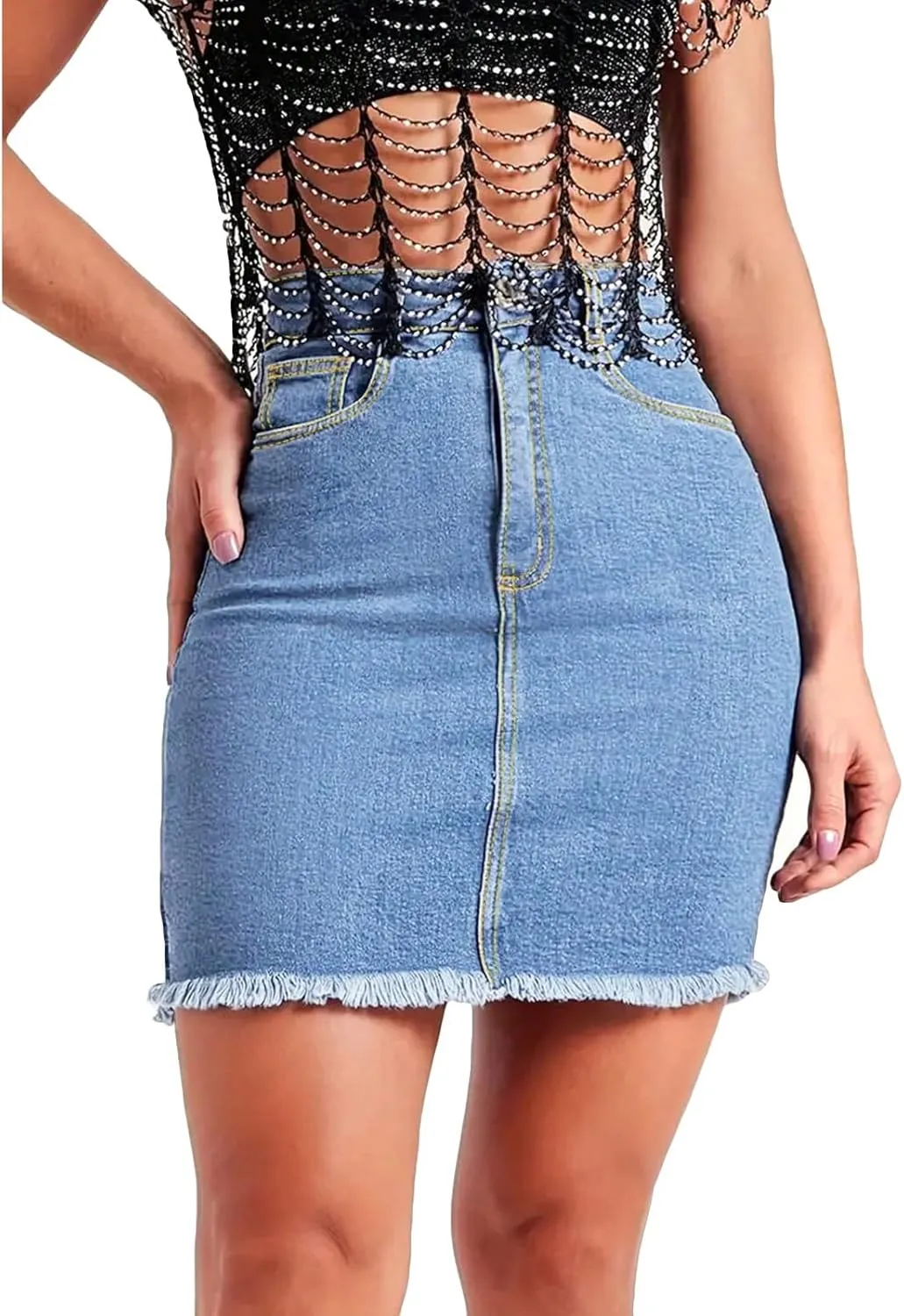 midelxp Mini Jean Skirts for Women Denim High Waisted Short Skirts with Pockets Casual Frayed Raw Hem Stretch Denim Skorts