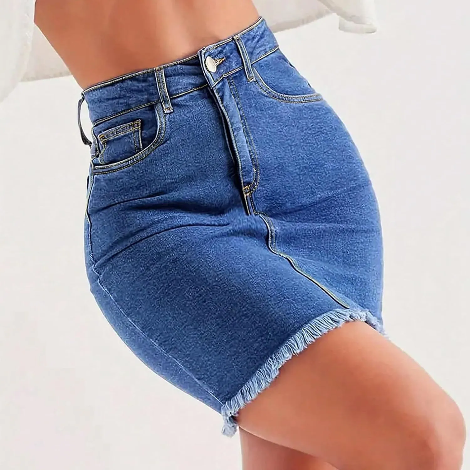 midelxp Mini Jean Skirts for Women Denim High Waisted Short Skirts with Pockets Casual Frayed Raw Hem Stretch Denim Skorts