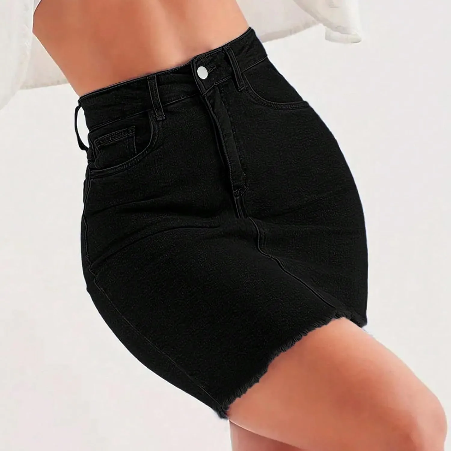 midelxp Mini Jean Skirts for Women Denim High Waisted Short Skirts with Pockets Casual Frayed Raw Hem Stretch Denim Skorts