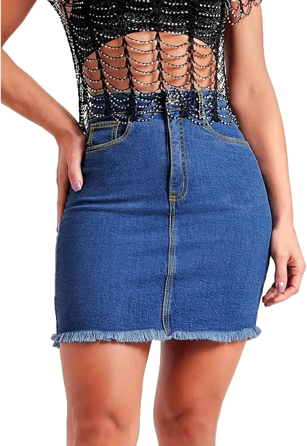 midelxp Mini Jean Skirts for Women Denim High Waisted Short Skirts with Pockets Casual Frayed Raw Hem Stretch Denim Skorts