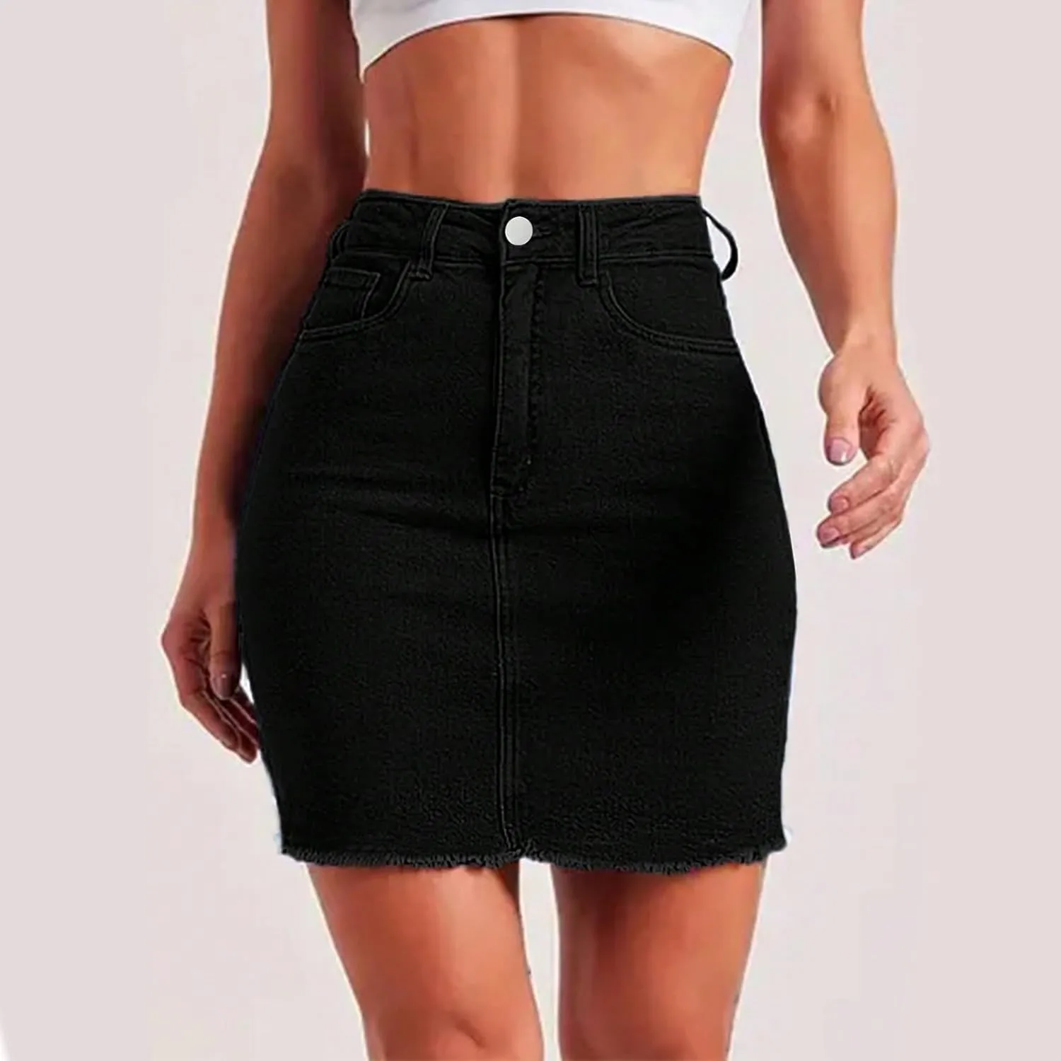 midelxp Mini Jean Skirts for Women Denim High Waisted Short Skirts with Pockets Casual Frayed Raw Hem Stretch Denim Skorts