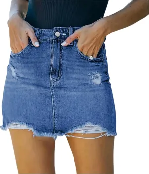 midelxp Mini Jean Skirts for Women Denim High Waisted Short Skirts with Pockets Casual Frayed Raw Hem Stretch Denim Skorts