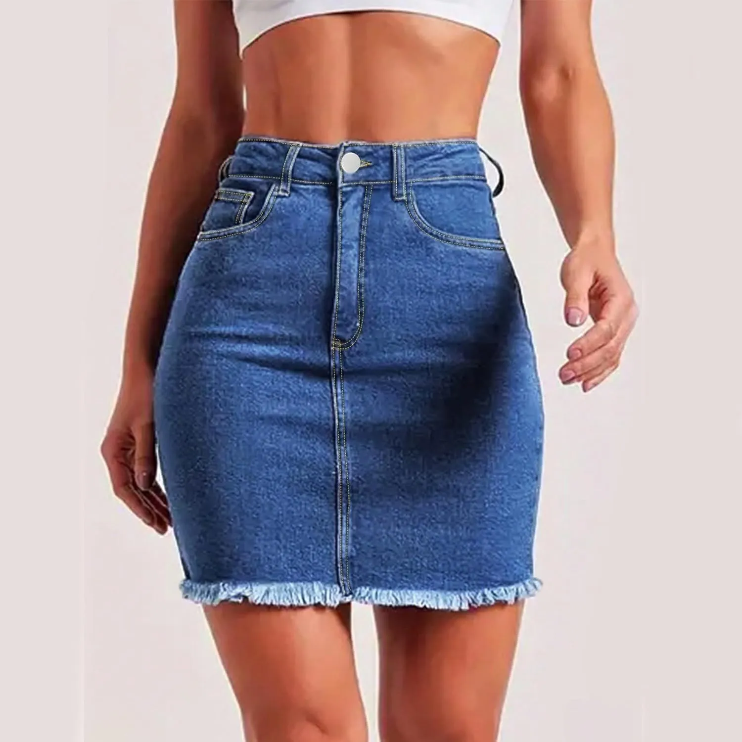 midelxp Mini Jean Skirts for Women Denim High Waisted Short Skirts with Pockets Casual Frayed Raw Hem Stretch Denim Skorts