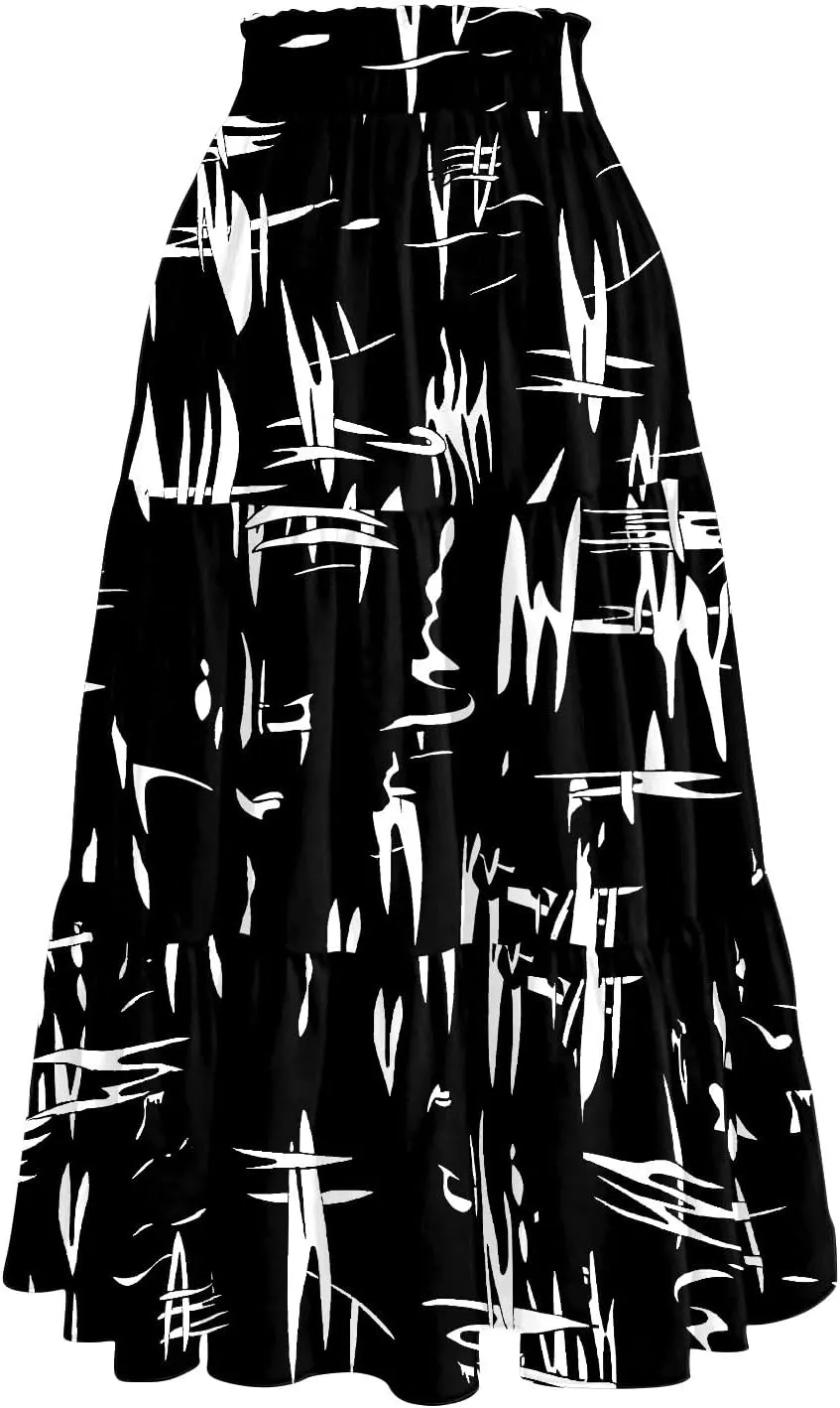 Midi Boho Floral Skirts for Women Trendy Tiered Comfy Flowy A Line Skirt Drawstring High Elastic Waist Skorts with Pockets