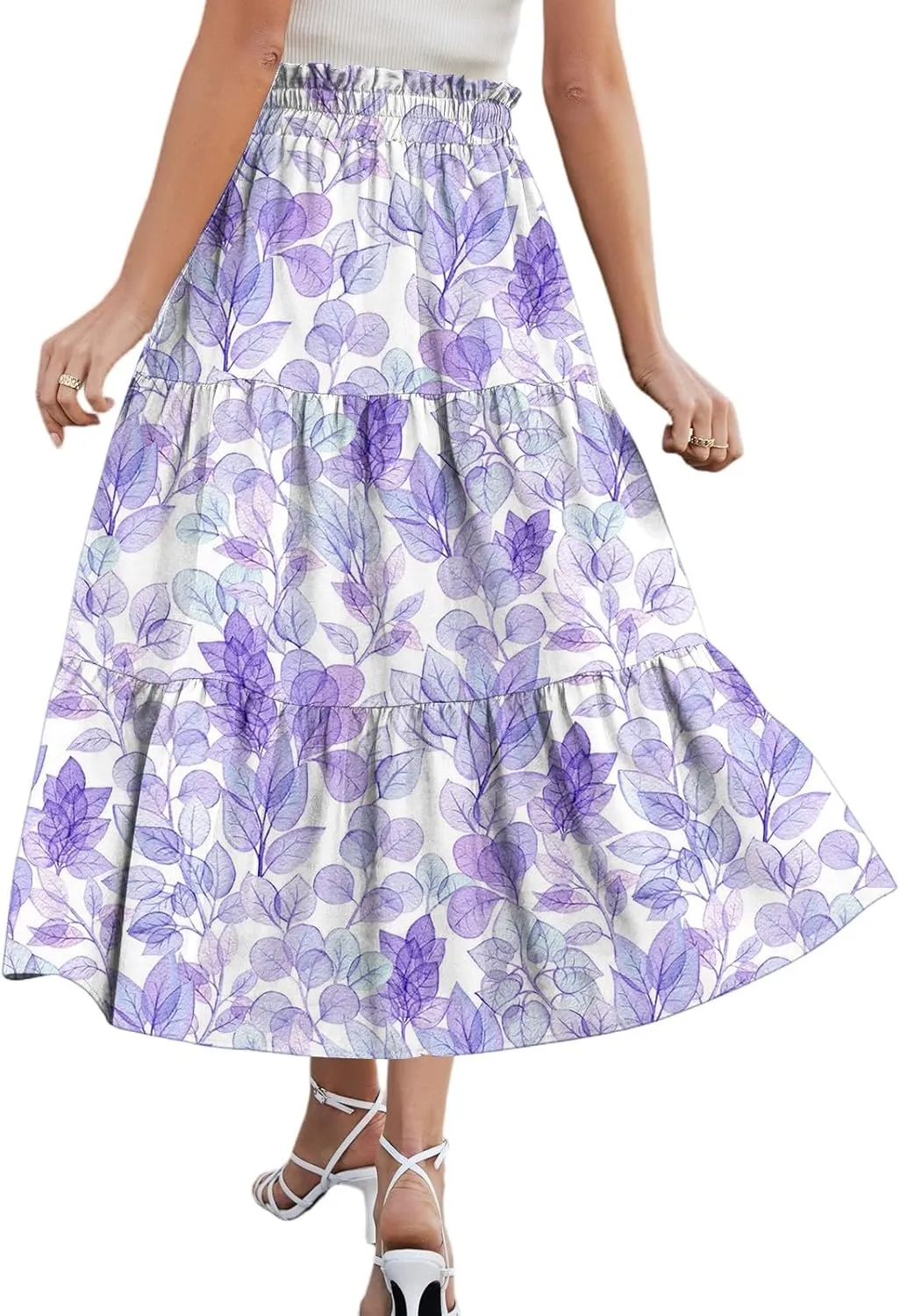 Midi Skirts for Women 2025 Boho Floral Skirts Tiered Ruffle Skirt Flowy High Elastic Waisted A Line Skorts with Pockets