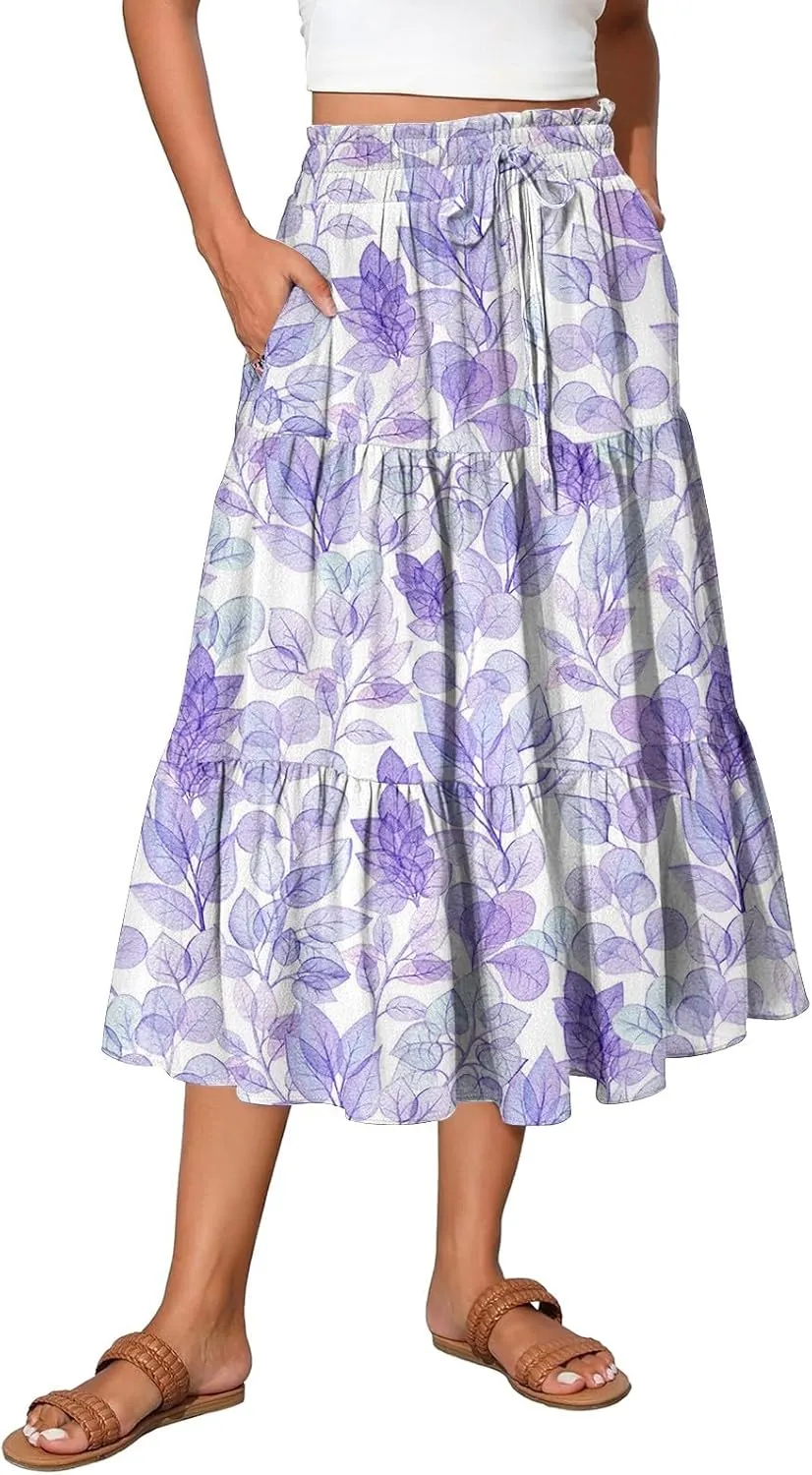 Midi Skirts for Women 2025 Boho Floral Skirts Tiered Ruffle Skirt Flowy High Elastic Waisted A Line Skorts with Pockets