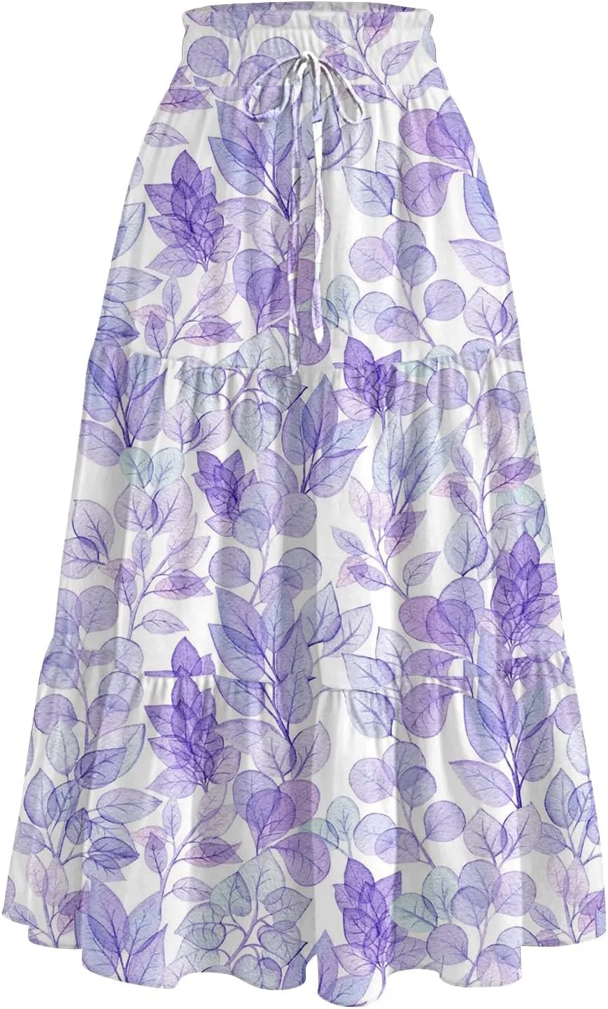 Midi Skirts for Women 2025 Boho Floral Skirts Tiered Ruffle Skirt Flowy High Elastic Waisted A Line Skorts with Pockets