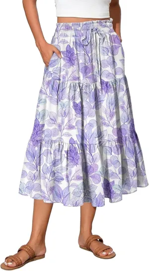 Midi Skirts for Women 2025 Boho Floral Skirts Tiered Ruffle Skirt Flowy High Elastic Waisted A Line Skorts with Pockets