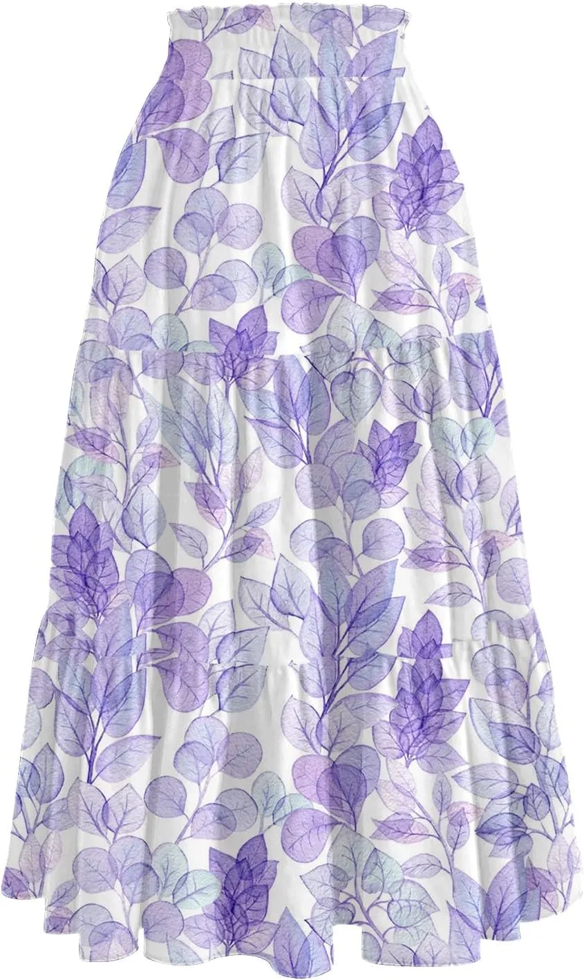 Midi Skirts for Women 2025 Boho Floral Skirts Tiered Ruffle Skirt Flowy High Elastic Waisted A Line Skorts with Pockets