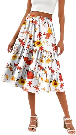 Midi Skirts for Women Summer Boho Floral Flowy High Elastic Waist Tiered Pleated A Line Skirt Beach Vacation Clothes