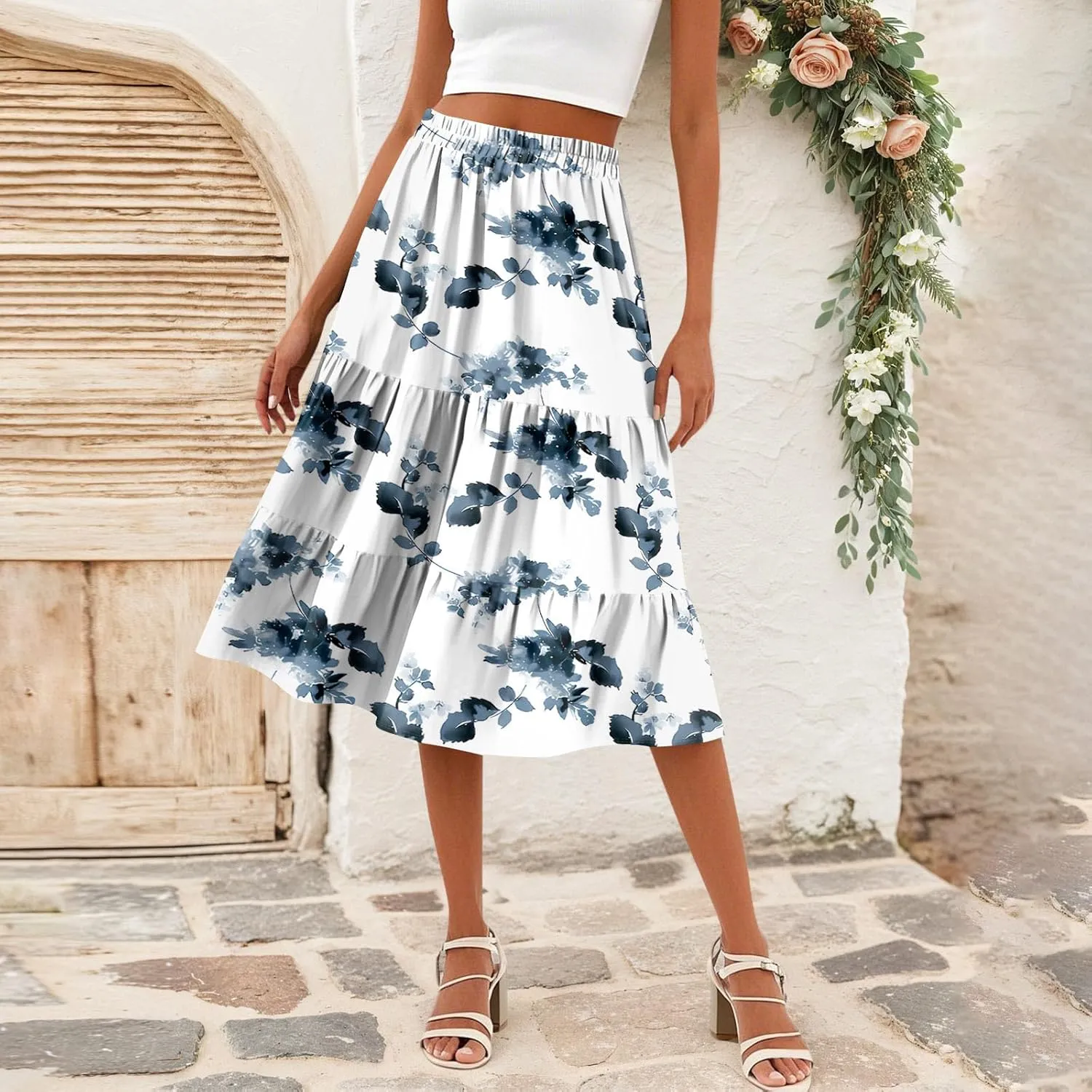 Midi Skirts for Women Summer Boho Floral Flowy High Elastic Waist Tiered Pleated A Line Skirt Beach Vacation Clothes