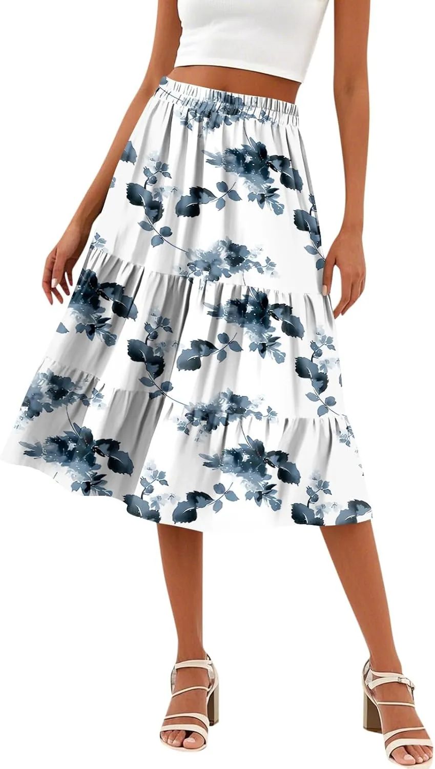 Midi Skirts for Women Summer Boho Floral Flowy High Elastic Waist Tiered Pleated A Line Skirt Beach Vacation Clothes