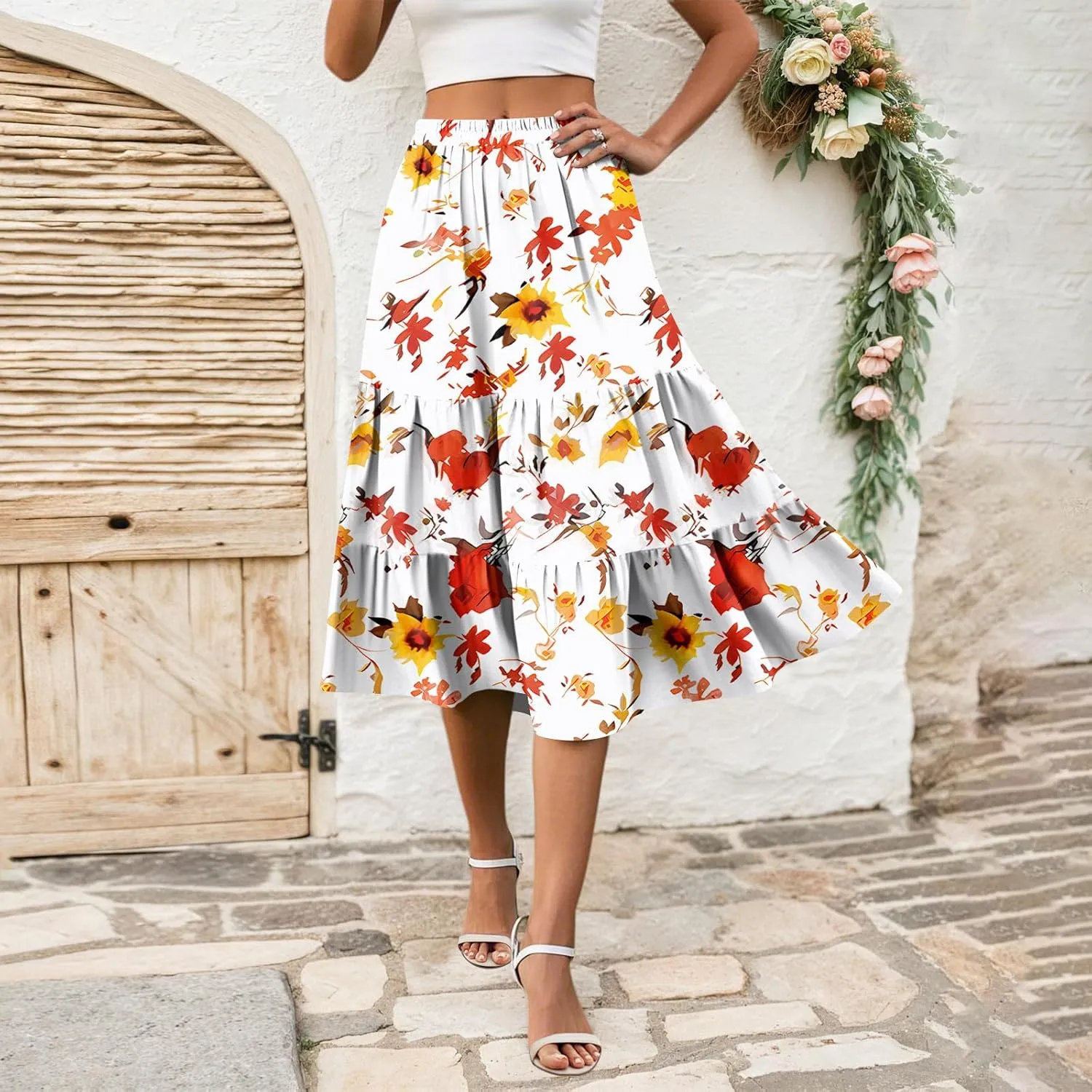 Midi Skirts for Women Summer Boho Floral Flowy High Elastic Waist Tiered Pleated A Line Skirt Beach Vacation Clothes