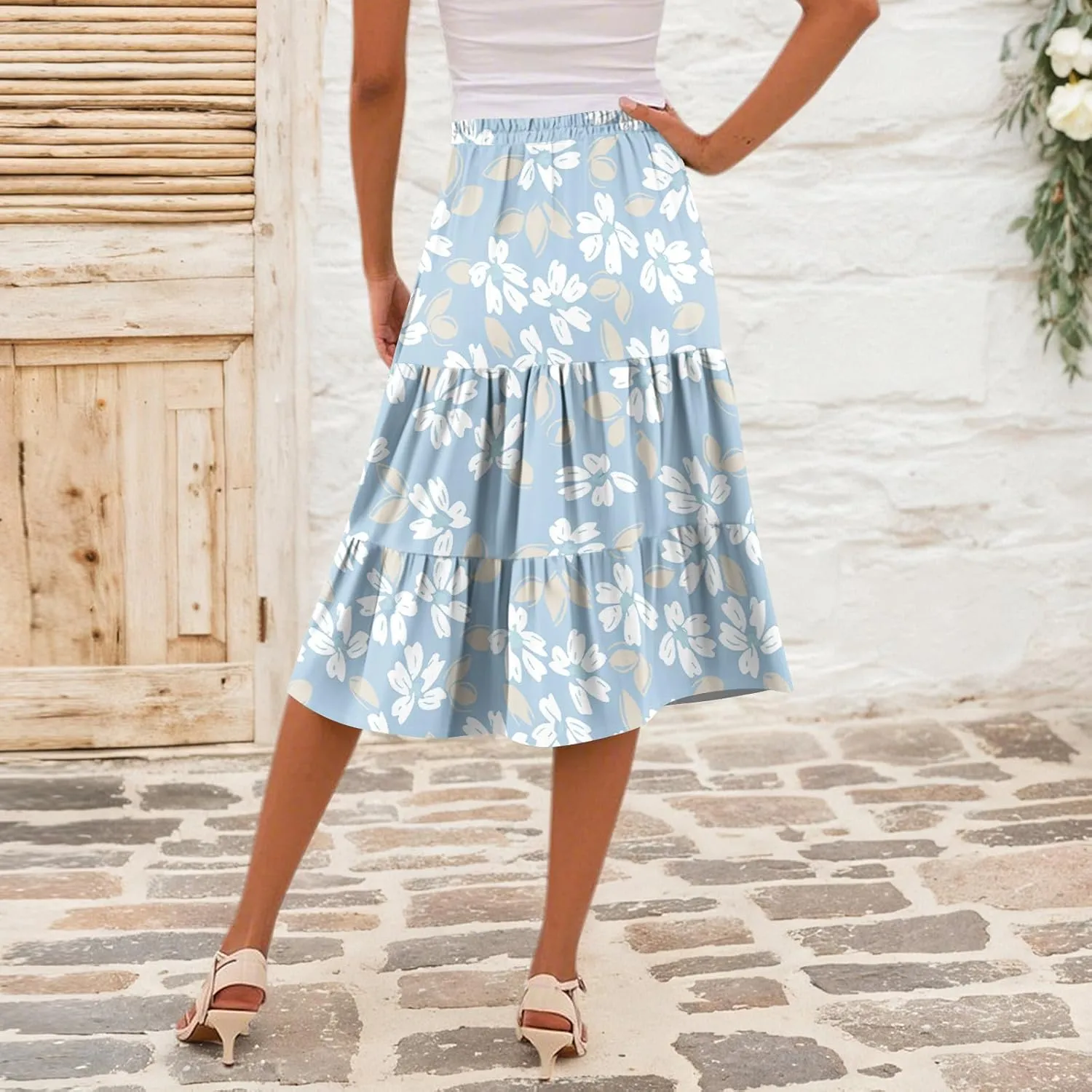 Midi Skirts for Women Summer Boho Floral Flowy High Elastic Waist Tiered Pleated A Line Skirt Beach Vacation Clothes