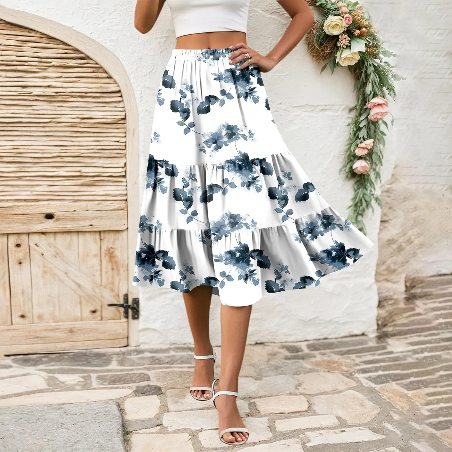 Midi Skirts for Women Summer Boho Floral Flowy High Elastic Waist Tiered Pleated A Line Skirt Beach Vacation Clothes
