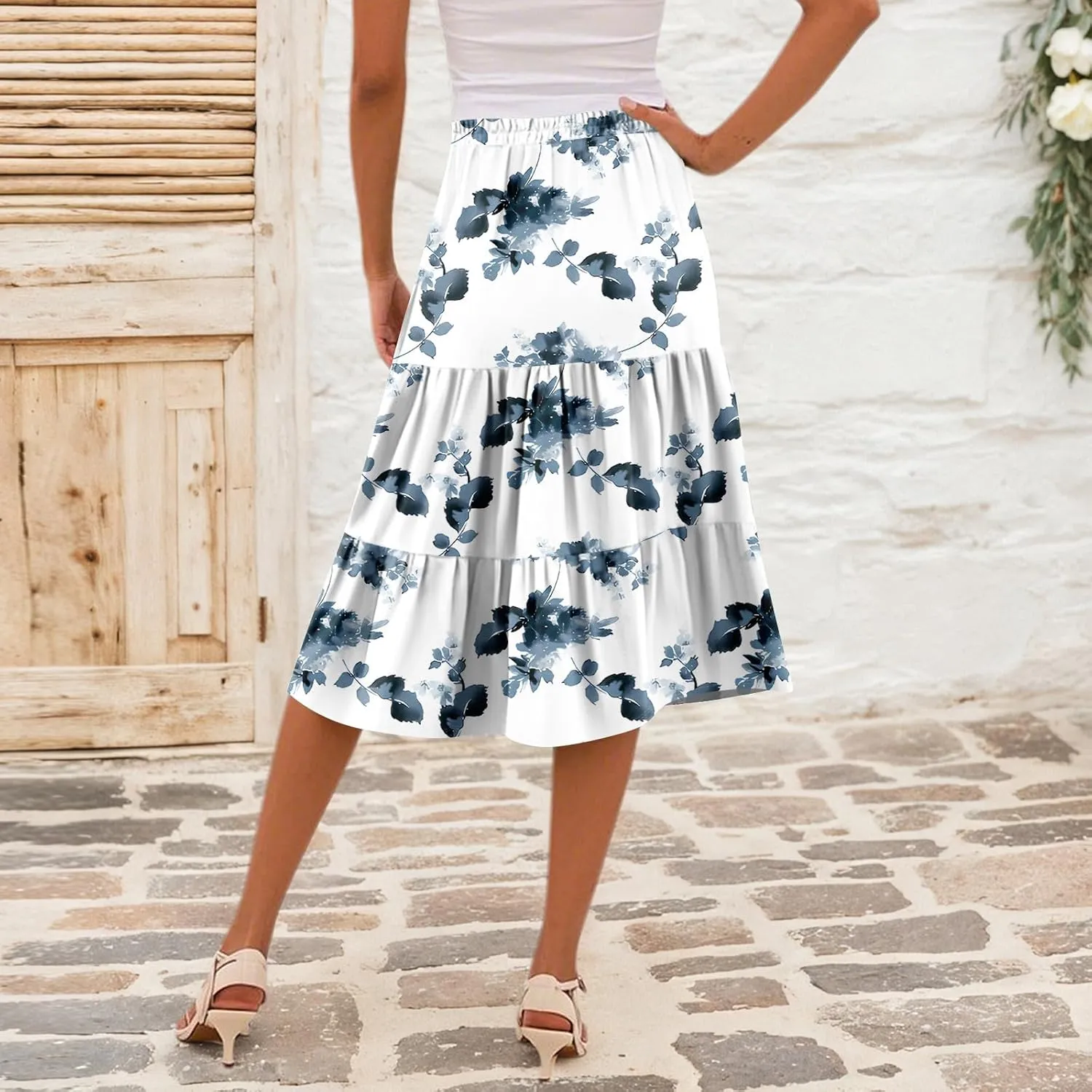 Midi Skirts for Women Summer Boho Floral Flowy High Elastic Waist Tiered Pleated A Line Skirt Beach Vacation Clothes