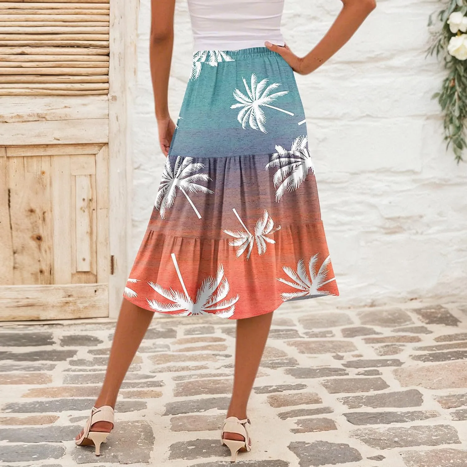 Midi Skirts for Women Summer Boho Floral Flowy Tiered Pleated High Elastic Waist A Line Skirt Beach Vacation Clothes
