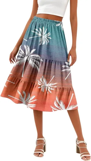 Midi Skirts for Women Summer Boho Floral Flowy Tiered Pleated High Elastic Waist A Line Skirt Beach Vacation Clothes
