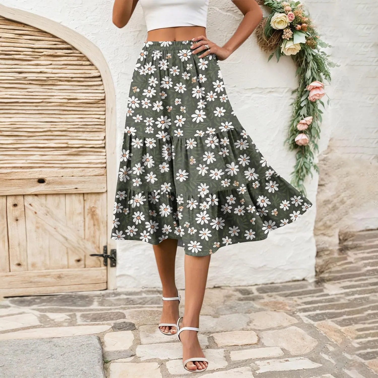 Midi Skirts for Women Summer Boho Floral Flowy Tiered Pleated High Elastic Waist A Line Skirt Beach Vacation Clothes