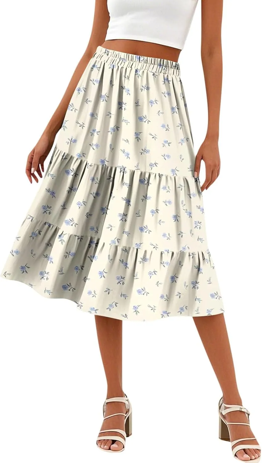Midi Skirts for Women Summer Boho Floral Flowy Tiered Pleated High Elastic Waist A Line Skirt Beach Vacation Clothes