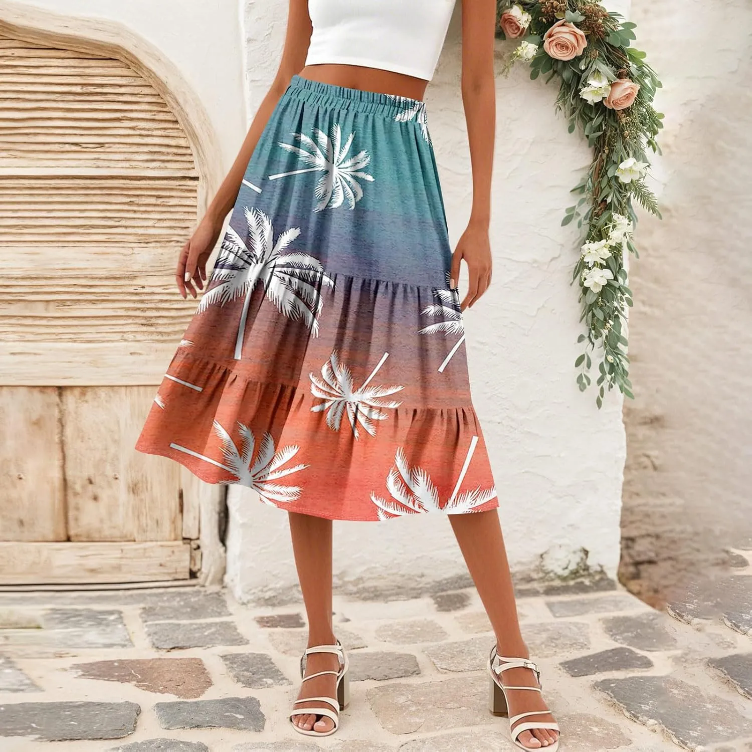 Midi Skirts for Women Summer Boho Floral Flowy Tiered Pleated High Elastic Waist A Line Skirt Beach Vacation Clothes