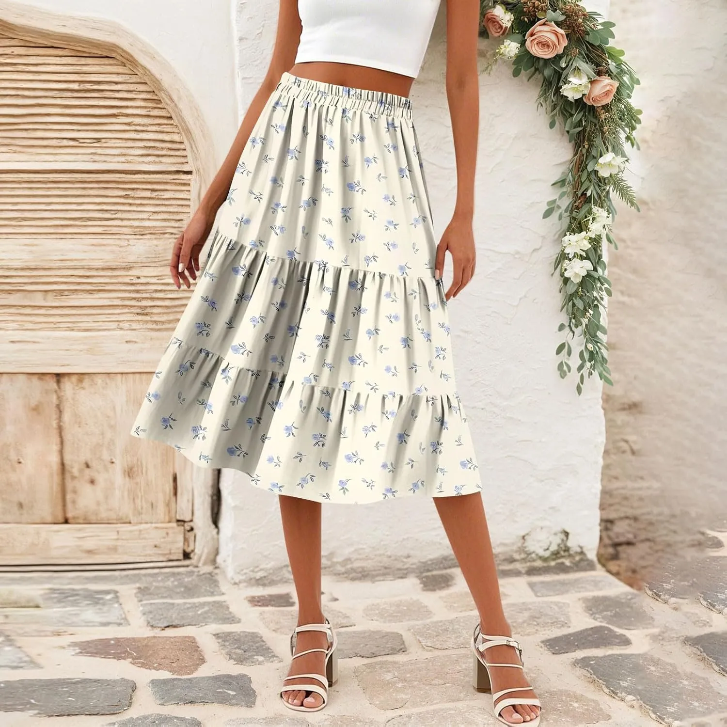 Midi Skirts for Women Summer Boho Floral Flowy Tiered Pleated High Elastic Waist A Line Skirt Beach Vacation Clothes