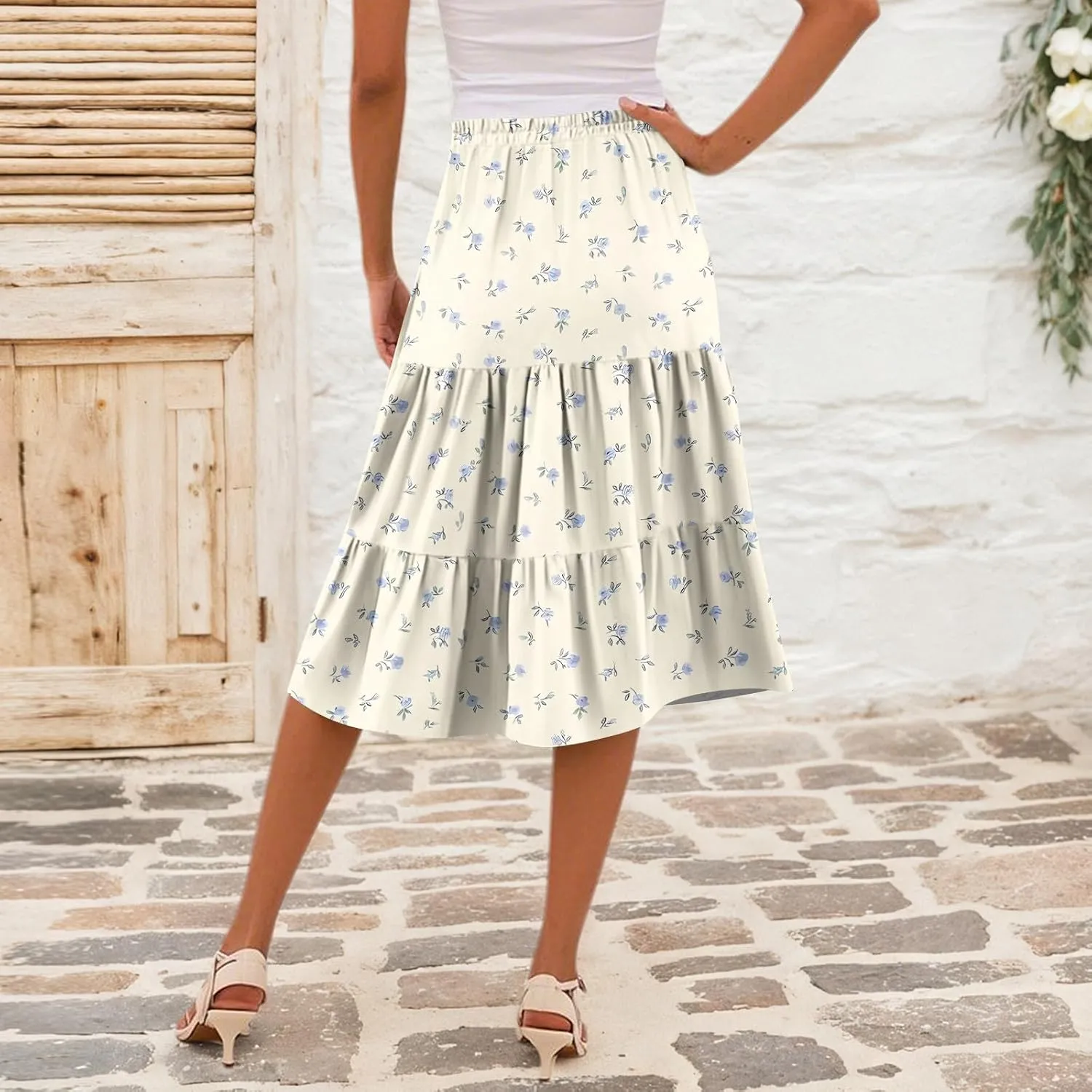 Midi Skirts for Women Summer Boho Floral Flowy Tiered Pleated High Elastic Waist A Line Skirt Beach Vacation Clothes