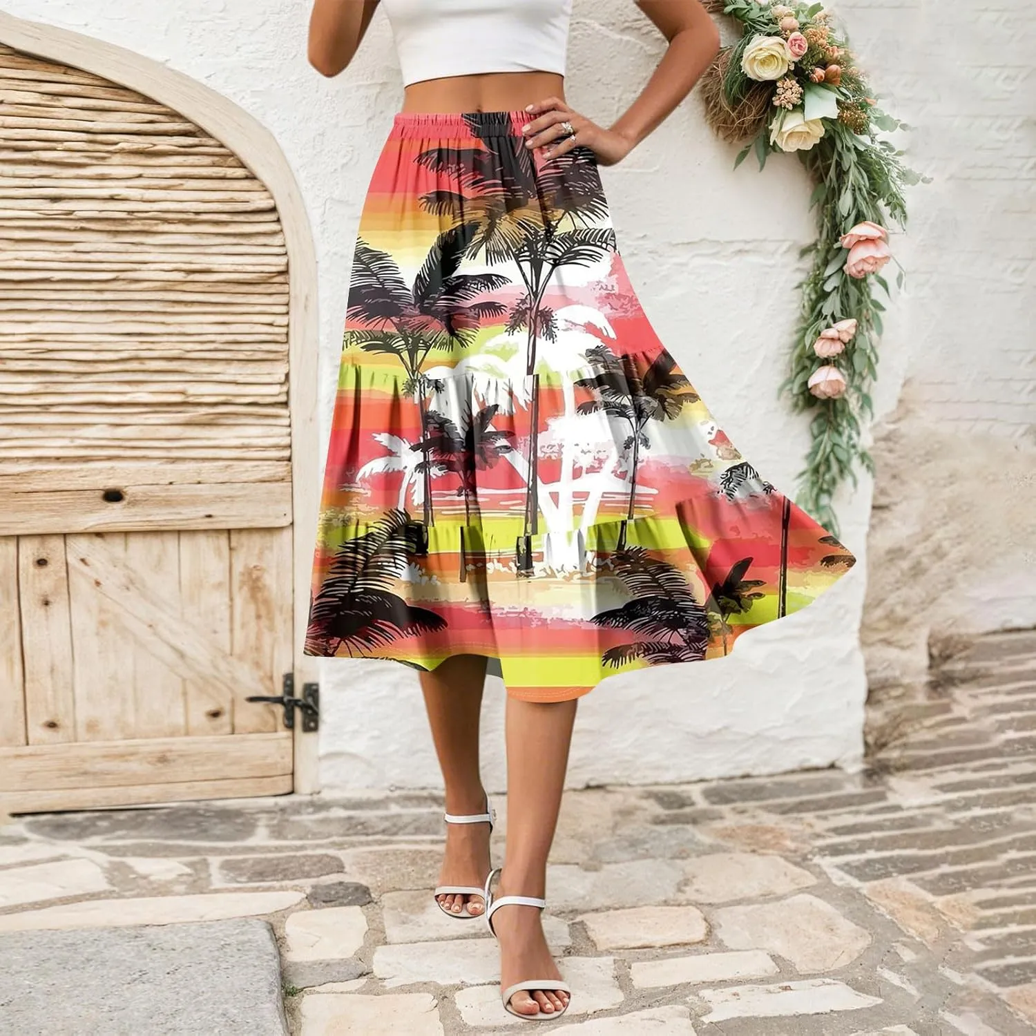 Midi Skirts for Women Summer Boho Floral Flowy Tiered Pleated High Elastic Waist A Line Skirt Beach Vacation Clothes
