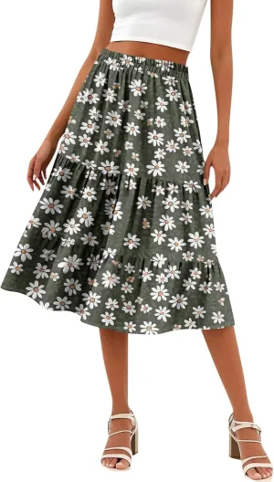 Midi Skirts for Women Summer Boho Floral Flowy Tiered Pleated High Elastic Waist A Line Skirt Beach Vacation Clothes