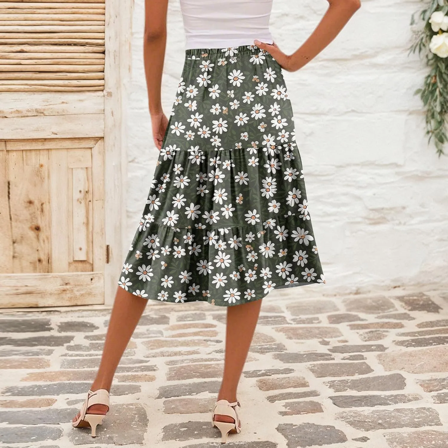 Midi Skirts for Women Summer Boho Floral Flowy Tiered Pleated High Elastic Waist A Line Skirt Beach Vacation Clothes