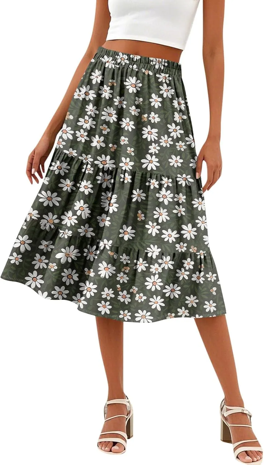 Midi Skirts for Women Summer Boho Floral Flowy Tiered Pleated High Elastic Waist A Line Skirt Beach Vacation Clothes