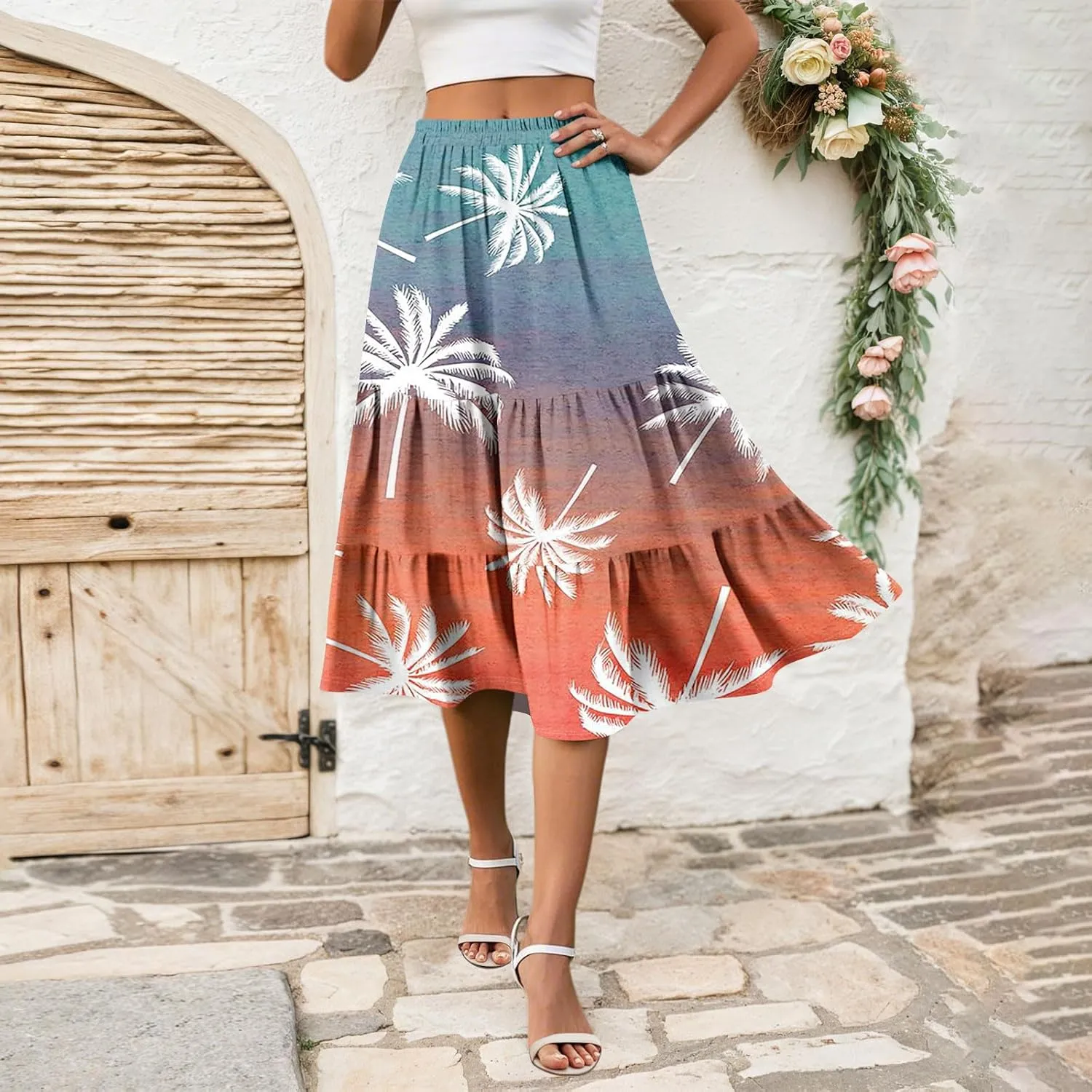Midi Skirts for Women Summer Boho Floral Flowy Tiered Pleated High Elastic Waist A Line Skirt Beach Vacation Clothes